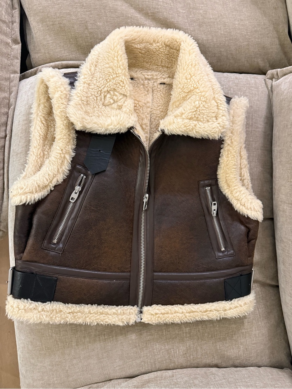 Zara Brown Faux-Shearling Lined Vest with Cream Trim